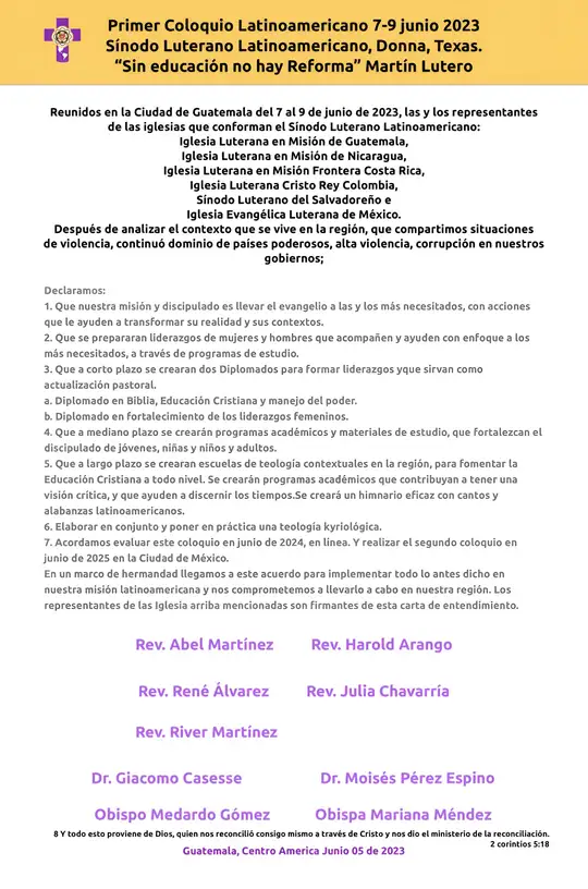 Rev. Moisés Méndez, fundador y misionero luterano, 1952–2018, con el escudo del Instituto